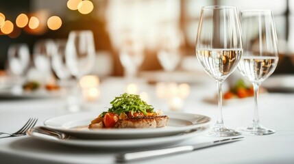 Exquisite table setting featuring fine china crystal stemware and elegant floral centerpiece for a prestigious awards ceremony dinner event  Formal luxurious and sophisticated ambiance