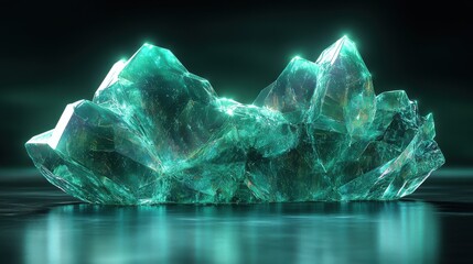 Obraz premium Iridescent green crystal polygonal glass object 3D render reflecting vibrant neon light geometric clip art isolated on black background