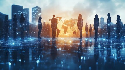 Multinational individuals standing on different parts of a holographic world map, each connected by radiant digital lines, symbolizing global communication, with a dark, tech-inspired environment,