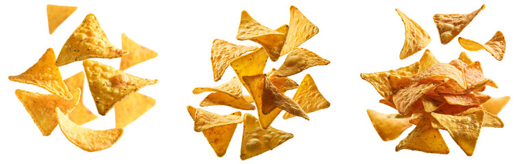 Set of flying or floating nachos chips isolated on transparent background, png nachos chips cutout