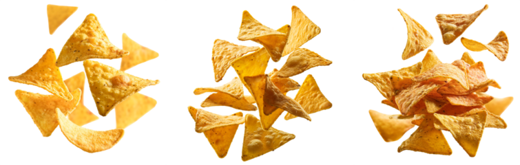 Set of flying or floating nachos chips isolated on transparent background, png nachos chips cutout