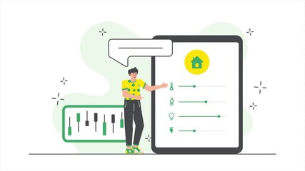 a person explaining sustainable home concepts with greenery energy sources and communication elements in a modern design illustration business animated video - Powered by Adobe