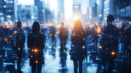 Multinational individuals within a digital sphere, each connected by bright lines of communication that symbolize diverse perspectives, with a dark, tech-inspired backdrop filled with data points,