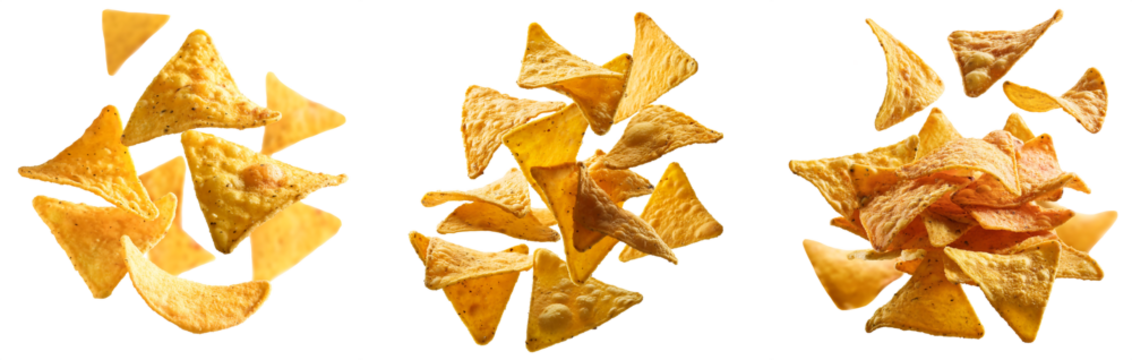 Set of flying or floating nachos chips isolated on transparent background, png nachos chips cutout