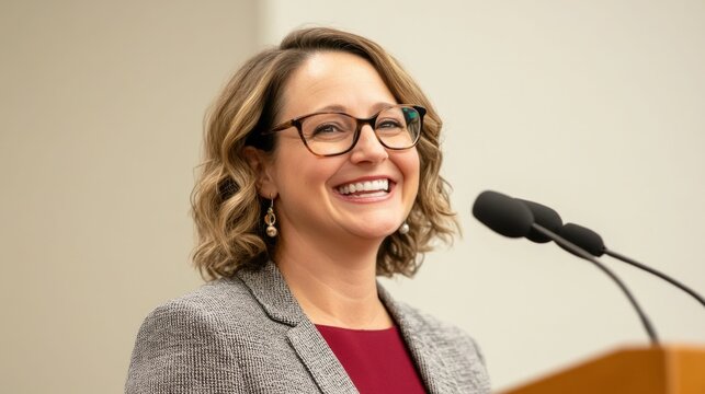 Gracious Award Recipient Gives Heartfelt Acceptance Speech to Celebrate Team s Triumph at Prestigious Awards Ceremony  The recipient stands on stage holding a trophy