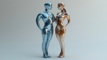 3D render of linked metallic male and female gender symbols representing a heterosexual couple on a shiny silver background.