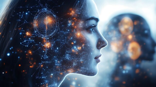 People from various ethnic backgrounds exchanging cultural icons in a virtual space, with holographic symbols like a pharaoh’s mask, a matryoshka doll, and a dreamcatcher,