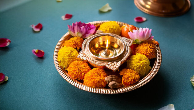 Corporate office pooja thali having flowers and oil clay lamp (diya)