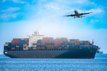 Aerial view of the freight shipping transport system cargo ship container. international transportation Export-import business, logistics, transportation industry concept	