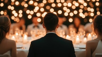 Guests enjoying a lavish multi course dinner during a prestigious awards ceremony with refined decor fine tableware and an atmosphere of exclusivity and