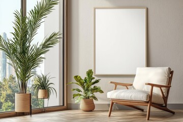 Fototapeta premium Poster Frame in Beige minimalist living room interior created with generative AI