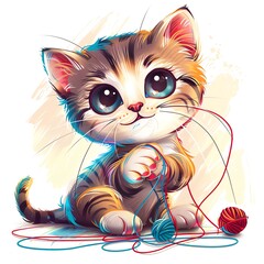 Fototapeta premium a cute cat, playing with yarn, digital illustration, vibrant colors, isolated on white background