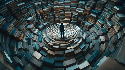 Naklejka premium Solitary figure navigates a labyrinth of knowledge muted colors symbolizing the complexities of learning and growth
