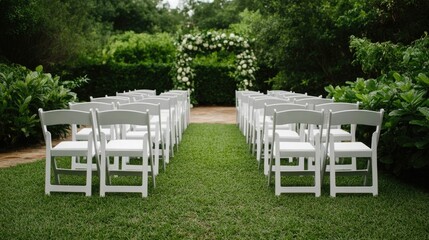 Stunning outdoor wedding ceremony taking place in a beautiful nature inspired garden setting with floral arch lush greenery and deep depth of field creating a romantic