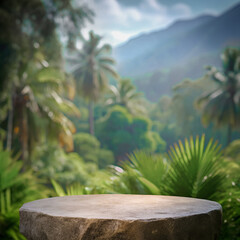 Rock podium forest background mockup. Round blank stone pedestal stand platform on green natural tropical garden and mountain for cosmetic display or food product design