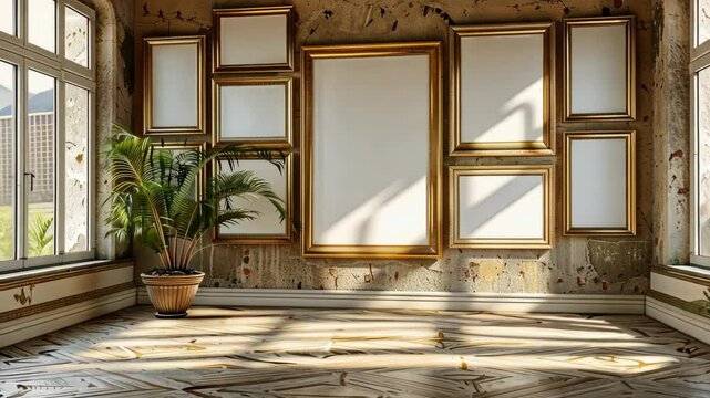 Artistic empty frames arranged in a sunlit vintage room with wooden flooring and leafy plants in the background