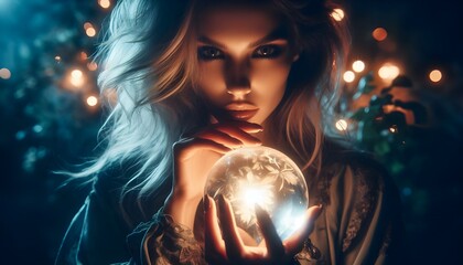 Mystic Woman Holding Illuminated Crystal Ball at Night with Intense Gaze, Enigmatic Fortune Teller in Atmospheric Lighting, Mystical and Spiritual Theme