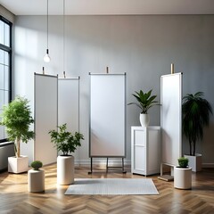 Modern Office Space with Whiteboards and Plants.