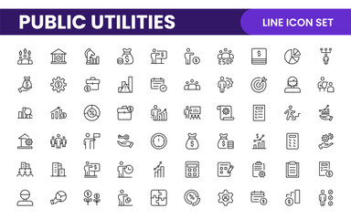  Public utilities linear signed icon collection. Signed thin line icons collection. Set of public utilities simple outline icons.