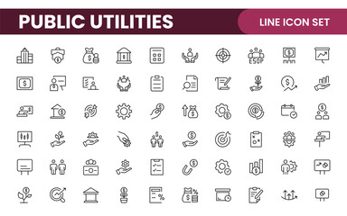  Public utilities linear signed icon collection. Signed thin line icons collection. Set of public utilities simple outline icons.