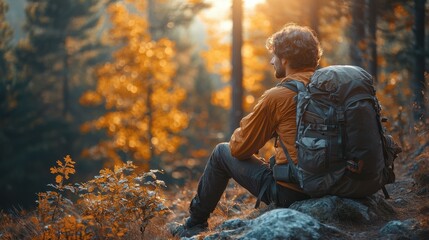 Golden Autumn Contemplation: A Man Finds Peace in the Woods - Thinking