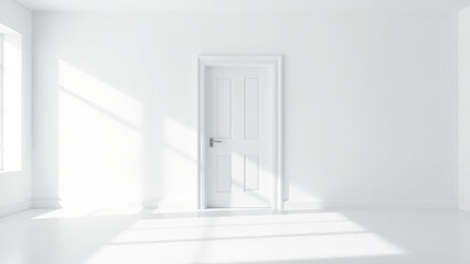 Minimalist White Room with Door and Sunbeams