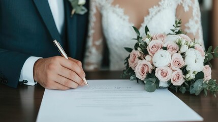 Newlywed couple signing marriage certificate in an intimate private wedding ceremony formalizing and legalizing their union and beginning a new chapter together
