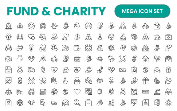 A Complete Icon Set for Charity Organizations, Fundraising Events, Nonprofit Campaigns, Donation Drives, Volunteer Programs, Social Justice, and Community Support Activities