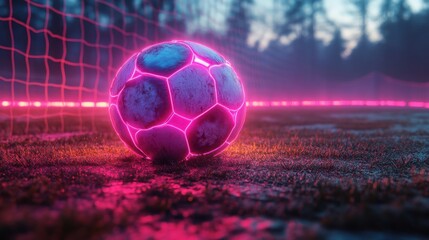 Naklejka premium 3D render of a neon soccer field from a 3D perspective angle featuring a football playground and a virtual sports game with pink and blue glowing lines.