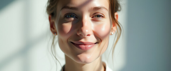 Obraz premium Young woman smiling with sunlight on her face