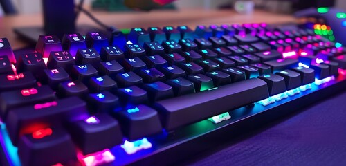 Close-up of RGB keyboard with multicolor lights, elegant gaming environment