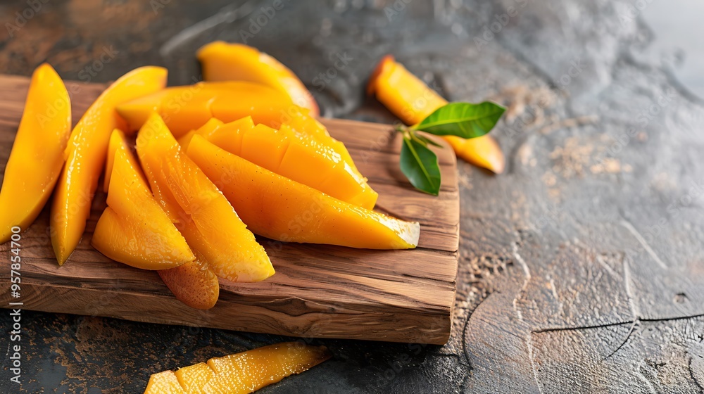 Wall mural a wooden board with nicely placed dried mangoes