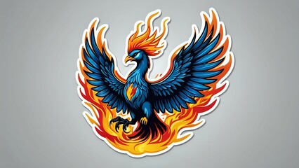 Obraz premium A phoenix bird rising from flames, with bright blue feathers and a fiery orange body, surrounded by flames.