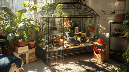 Fototapeta premium A beautiful, large birdcage housing an African Grey parrot, with various perches and toys creating a lively environment.