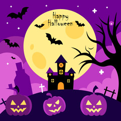 Spooky Halloween Night Background with Haunted Castle and Pumpkins - Flat Design Illustration