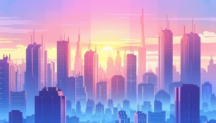 Futuristic metropolis. Futuristic dreamscape. Tech city of the future. Neon nightscape of a vibrant city. Cartoon 2d illustration background.