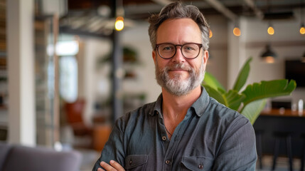 Obraz premium A confident man with glasses smiles warmly in modern office setting, surrounded by greenery and stylish decor.