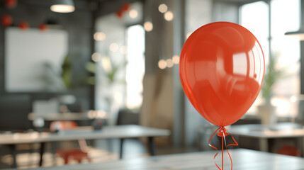 A vibrant red balloon adds cheerful touch to modern office space, symbolizing warm welcome for new employees.