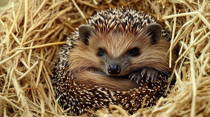 Fototapeta premium A close-up of a hedgehog curled into a ball on a bed of soft hay, its quills slightly raised in a defensive posture.