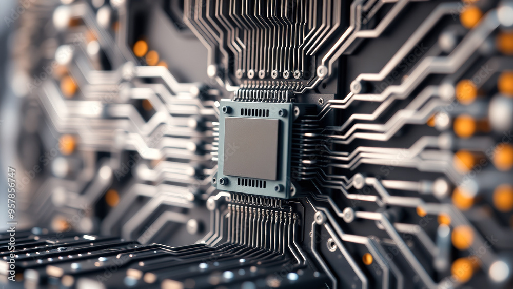 Wall mural closeup of a computer chip on a circuit board
