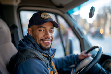 Smiling happy van driver portrait in his own vehicle.