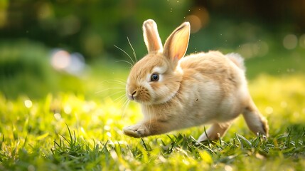 Fototapeta premium Adorable bunny running across the grass outside