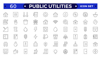 Public utilities, service. Set of Outline icons in linear style. Electricity, water supply, gas supply, drainage, garbage removal, major repairs, cold, hot water. Outline conceptual pictogram.