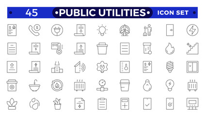 Public utilities, service. Set of Outline icons in linear style. Electricity, water supply, gas supply, drainage, garbage removal, major repairs, cold, hot water. Outline conceptual pictogram.