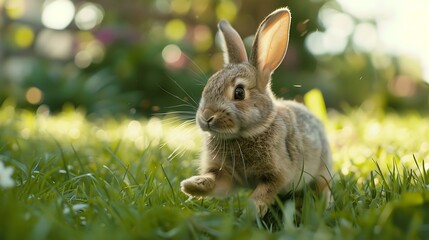 Fototapeta premium Adorable bunny running across the grass outside