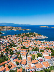 Eski Foca aerial drone view, a popular resort on the Aegean coast in Izmir, Turkey