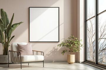 Poster Frame in Beige minimalist living room interior created with generative AI