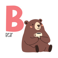 Cute flat vector illustration. Cute bear and letter B. Animals and letters of the alphabet . Vector illustration