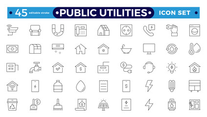 Public utilities, service. Set of Outline icons in linear style. Electricity, water supply, gas supply, drainage, garbage removal, major repairs, cold, hot water. Editable stroke outline icon.