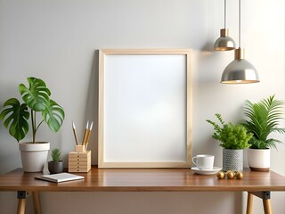 Stylish minimalist workspace mockup with a framed blank canvas. plants. and wooden desk. perfect for showcasing your artwork. branding. or designs.
